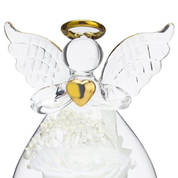 Real Preserved Rose Guardian Angel Glass Dome Copper Plated Base with LED Light - Picture 9 of 13